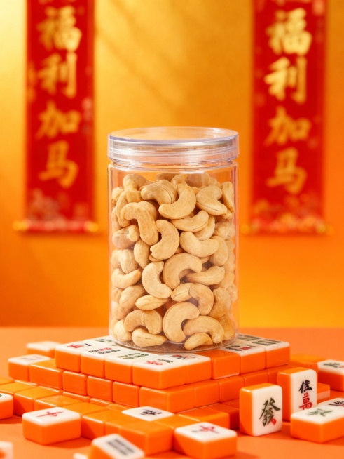 橙色麻将随意堆叠成创意展台，主体摆放在麻将展台上（主体占画面比30%，正面视角），金橙渐变背景（“福利加马”鎏金字体对联点缀，虚化），自然光影，高饱和喜庆感配色，保证溶图效果。预览效果