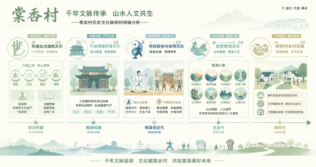 园林竞赛分析图，扁平化简约矢量风，浅绿浅蓝米色配色，干净高级，展板高清，线条简洁，内容为宁波奉化棠岙村乡村景观，无写实照片，信息可视化历史文化脉络时间轴分析图。以棠岙村千年发展为核心线索，串联五大关键预览效果