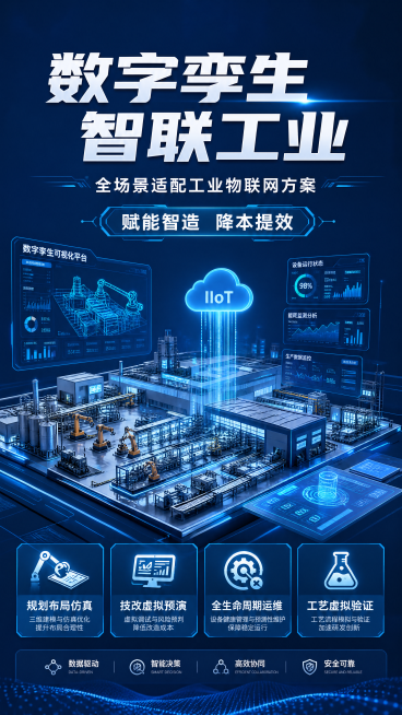 中服云工业物联网数字孪生版，可广泛适配离散制造、流程工业、高端装备、能源园区、水利水务等各类场景：
▪ 新工厂、新产线前期规划布局仿真
▪ 老旧车间数字化技改虚拟预演
▪ 设备全生命周期预测性智能运维预览效果