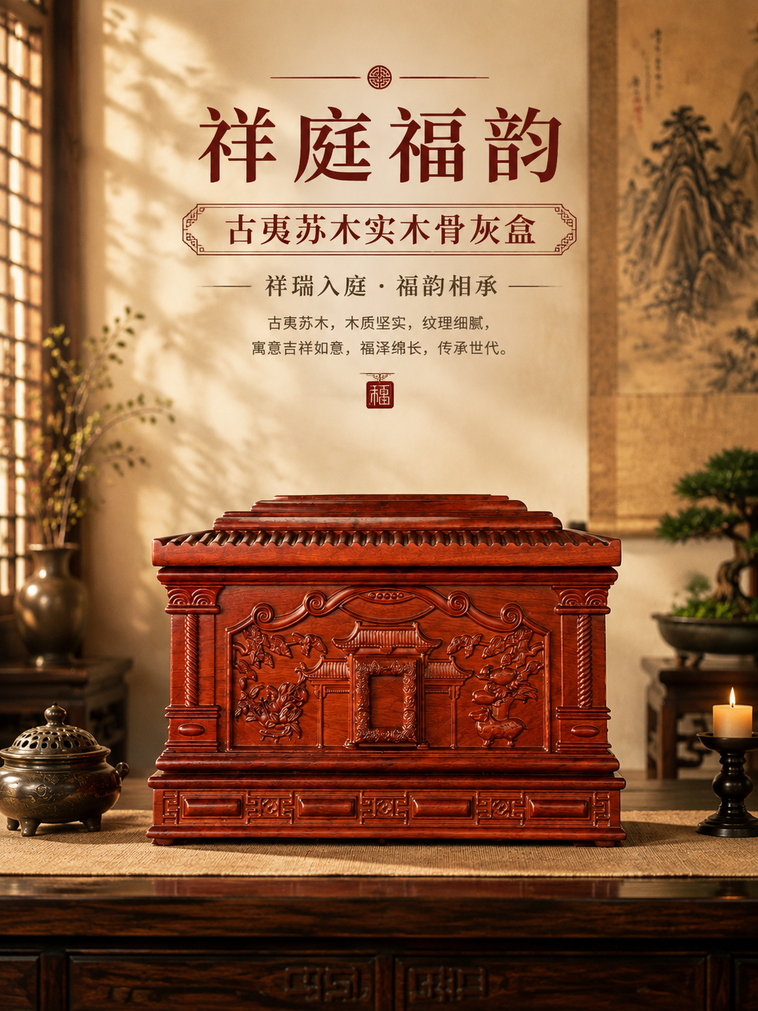 [商品] 使用【图1】祥庭福韵古夷苏木实木骨灰盒正面图；保留产… - 图片创意预览