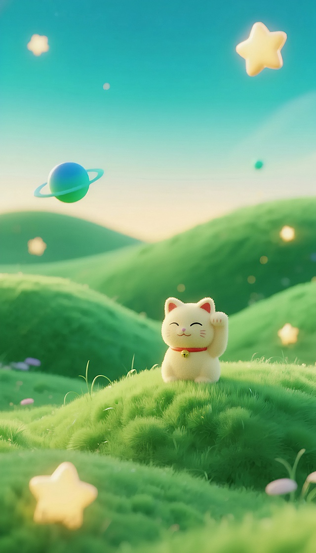 3D渲染风格的童年幻想风背景，蓝绿色渐变天空营造梦境氛围，绿色起伏的毛绒草丘质感软乎乎、毛茸茸，浅绿到深绿自然过渡并带有细腻毛绒纹理，背景点缀暖金色渐变发光星星，悬浮着蓝绿渐变小天体，大片层次自然的嫩绿草地与草丘融合自然，光影温暖朦胧如傍晚柔光，传递治愈怀旧的奇幻感，整体自然温馨童真