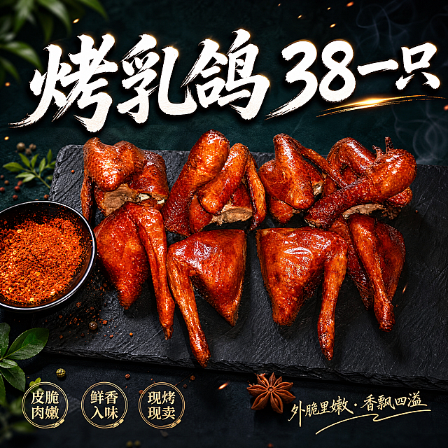 制作一张美食海报，尺寸为38x38CM，将原图片的底色换成非红色，与产品红色烤乳鸽有明显对比，在海报上添加醒目的白色文字"烤乳鸽 38一只"，突出文字效果