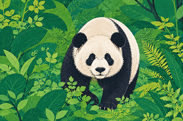 参考第一张图的扁平插画风格，将第二张图中的大熊猫重新绘制为同风格插画。画面主体是一只行走在茂密绿植中的大熊猫，保留其经典黑白毛色、圆滚滚体态和黑色眼圈耳朵特征，用高饱和度的黑白对比表现毛发层次，线条清晰，带有手绘纹理质感，背景为简化的绿色丛林植物环境，整体风格统一，色彩明快，装饰性强