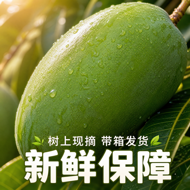 [主图-7] 大青芒新鲜保障展示，突出新鲜特点。
[氛围风格] 新鲜采摘，水润新鲜氛围；
[画质] 商业摄影质感，自然暖阳逆光，光线柔和通透，产品清晰真实，画面干净高级。
[元素] 微距特写带水珠的绿预览效果