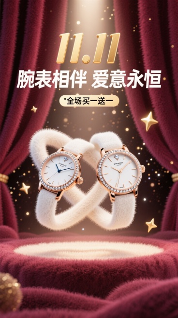 海报采用深邃的勃艮第酒红色背景，犹如天鹅绒幕布。画面中央，一道光束打下，聚焦于一对优雅交叉的男女款奢华腕表。表盘上的钻石与金属细节在光线下熠熠生辉，仿佛悬浮于璀璨星河之中。背景中若隐若现的金色光斑，如预览效果