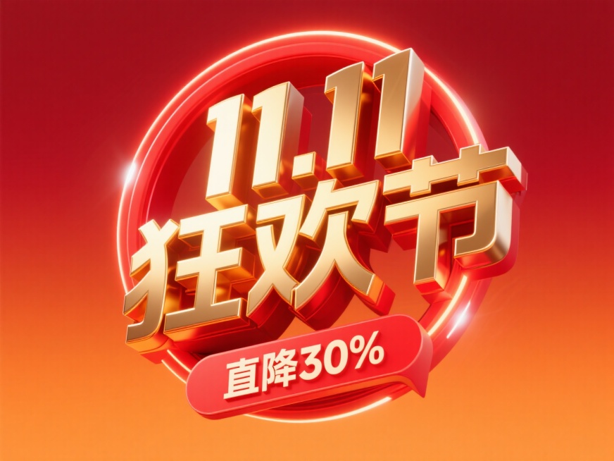 金色 “11.11 狂欢节” 立体艺术字，搭配红色环形光效装饰，下方有 “直降30%” 红色标签。背景为红橙渐变，整体风格大气炫酷，突出双十一促销的热烈与冲击力。预览效果