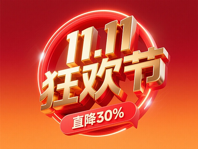 金色 “11.11 狂欢节” 立体艺术字，搭配红色环形光效装饰，下方有 “直降30%” 红色标签。背景为红橙渐变，整体风格大气炫酷，突出双十一促销的热烈与冲击力。