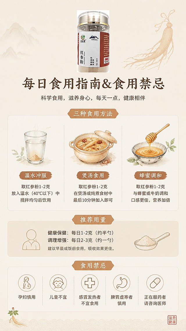 [第4屏] 红参粉每日食用指南信息图表详情页，本屏使用【图3】展示产品罐体。
[氛围/风格] 简约国风养生科普风格，柔和低饱和配色，排版整洁清晰。
[元素布局] 浅米色整体背景，画面上方放置红参粉罐子小图，中心区域手绘三个插画：左侧温水杯、中间煲汤砂锅、右侧蜂蜜小碗，分别对应三种不同吃法，插画线条淡雅，下方分区域说明推荐用量和食用禁忌，排版整齐分区清晰，留白充足不拥挤。
[光影质感] 整体光线均匀柔和，无明显硬阴影，插画和文字清晰干净。
[配色色系] 全局底色浅米色，主色浅棕红棕色，辅助色淡手绘线条颜色，低饱和柔和配色。
[视角构图] 居中排版，从上到下阅读动线清晰，信息分区明确，整体舒适透气。
[文字版式] 提取产品包装书法字体，主标题「每日食用指南&食用禁忌」放在顶部，分区域用简洁文字说明推荐用量、三种吃法和禁忌人群，文字颜色深棕色，使用色块区分不同信息区域，清晰易读。
[比例分辨率] 9:16竖版比例，4K分辨率，文字清晰可辨，高清画质。
[负向提示词] 插画变形，文字错乱，排版拥挤，颜色过于鲜艳，水印，产品变形