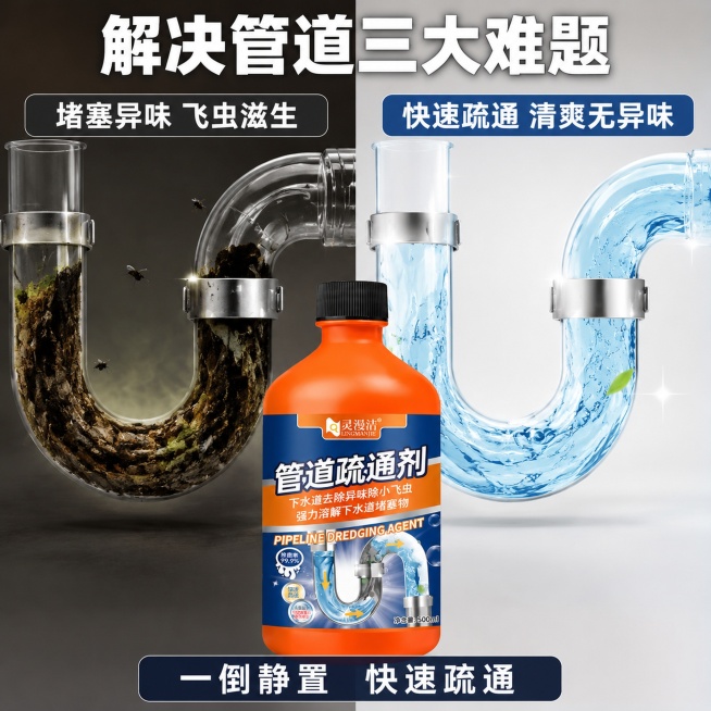 [主图-2] 管道疏通效果对比卖点图，展示使用前后对比。
[氛围风格] 干净写实，痛点明确，实用可信风格
[画质] 商业摄影质感，光线均匀通透，对比清晰，画面干净高级
[元素] 保持灵漫洁管道疏通剂产预览效果
