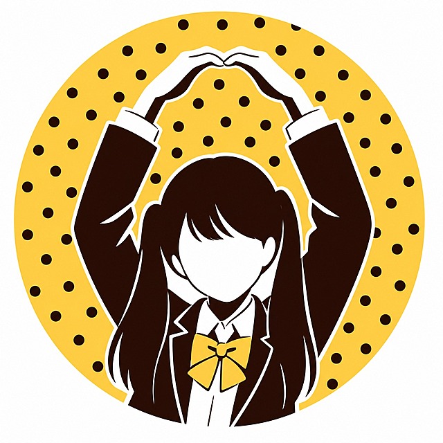 参考第二张图中双手在头顶比心的女学生形象，按照第三张图的日式扁平化双色剪影插画风格重新绘制。人物为深棕色剪影，保留双马尾发型、双手举在头顶比心的姿势、校服西装外套和领结的特征，面部为简洁留白无五官的剪影风格。背景为黄色圆形，布满深棕色波点，整体是简洁的图标式徽章设计，线条干净利落，平面设计感强，去除所有真实背景和其他人物