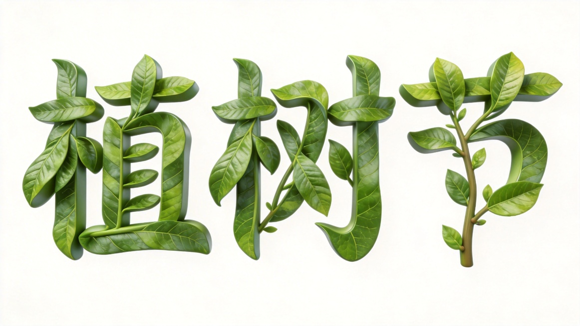 干净的纯白色背景。3D立体质感艺术字体设计，三个字"植树节"，所有文字单行横向排列，整体字形由翠绿新鲜的树叶纹理拼接而成，笔画自然扭曲融入植物枝条形态，叶片脉络纹理清晰，整体呈现自然立体质感，仅包含三预览效果