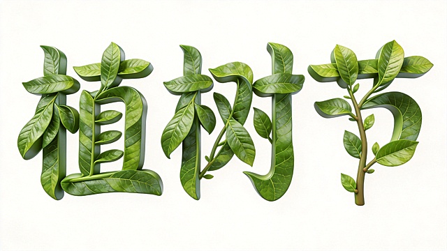 干净的纯白色背景。3D立体质感艺术字体设计，三个字"植树节"，所有文字单行横向排列，整体字形由翠绿新鲜的树叶纹理拼接而成，笔画自然扭曲融入植物枝条形态，叶片脉络纹理清晰，整体呈现自然立体质感，仅包含三个字"植树节"，不得增加遗漏文字。贴合植树节主题，所有植物纹理都收敛在文字轮廓范围内，不溢出到背景区域。