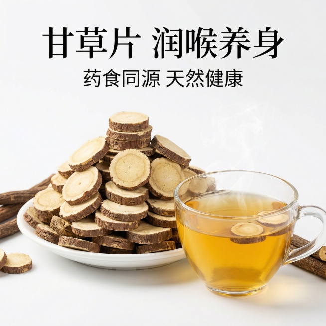 基于现有甘草片图片，制作成适合商用的主图，采用白底简约风格，甘草片堆叠成小山状，旁边搭配一小杯泡好的甘草茶，添加“甘草片 润喉养身”“药食同源 天然健康”的文案，突出产品食用场景预览效果