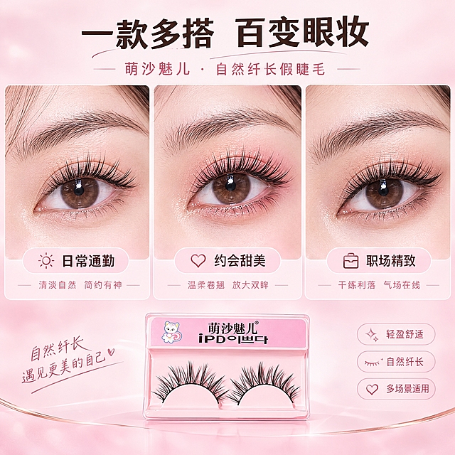 [主图-4] 萌沙魅儿 自然纤长假睫毛 多场景佩戴效果展示。
[统一基调] 整体风格为粉白甜系精致美妆感，背景主色为柔雾粉渐变，标题字色为深棕黑色，辅助字色为豆沙粉，强调色为玫瑰金，字体为干净非衬线体，字号层级分明，卡片用圆角细边浅粉半透明样式，整体高级干净。
[画面] 画面采用三宫格横向排版，展示三种不同场景的眼部佩戴效果：左侧为"日常通勤"清淡自然妆效，中间为"约会甜美"温柔卷翘妆效，右侧为"职场精致"干练利落妆效。每个宫格都是亚洲女性眼部近景，佩戴同一款萌沙魅儿假睫毛，搭配不同眼妆风格。画面底部中央放置萌沙魅儿假睫毛包装盒小图，作为产品归属标识。
[光影质感] 商业美妆摄影质感，每个宫格光线柔和，皮肤质感细腻自然，假睫毛在不同光线下都呈现清晰的纤长效果，整体光影统一和谐。
[配色] 主色柔雾粉渐变，三个宫格背景略有深浅区分但都在粉调范围内，文字深棕黑，整体色调统一。
[文字版式] 画面顶部主标题"一款多搭 百变眼妆"，粗体大号横跨三格上方。每个宫格下方对应场景名称小字标注，字体统一为非衬线体，大小层级分明。
[输出要求] 比例1:1，2K分辨率，文字清晰锐利，眼部效果清晰自然，无变形、错字、模糊、杂乱、水印、平台Logo，无夸张对比。