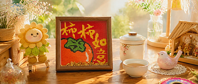 唯美治愈的桌面场景，木质桌面上摆放着柿柿如意十字绣相框、向日葵针织玩偶、陶瓷茶杯、可爱手工小摆件，柔和暖光，温馨治愈氛围，日系清新风格，细节精致，色彩温暖柔和，景深虚化背景，电影感光影