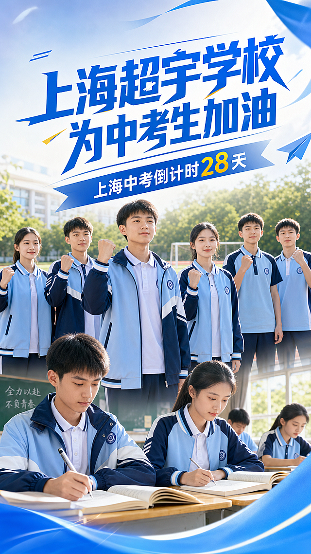 生成一张中考加油主题海报，参考参考图中蓝白拼色的学生校服样式，画面突出文字"上海超宇学校为中考生加油 上海中考倒计时28天"，背景为明亮的教室操场结合，青春励志风格，清晰干净