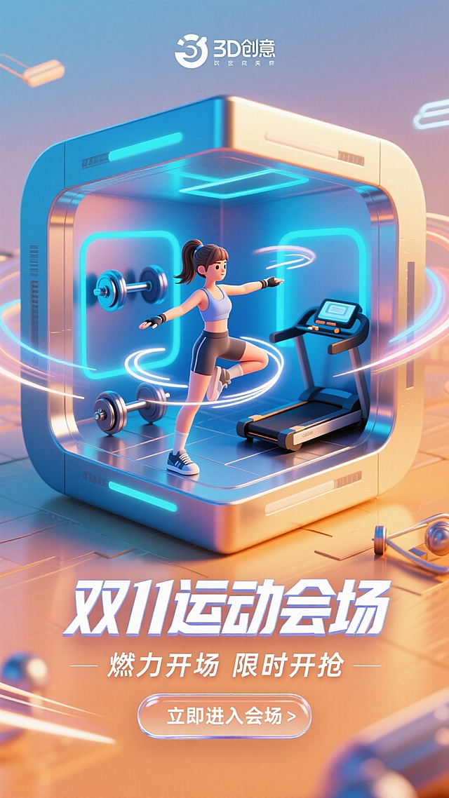 未来感3D风设计，融合科技与运动元素，霓虹灯效与金属质感营造虚拟现实氛围，粒子动态强化酷炫视觉，双11运动会场主题突出。