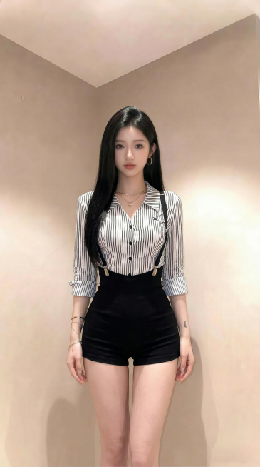 将图一人物的条纹衬衫+黑色背带短裤穿搭换到图二人物身上，仅换穿搭，保留图二人物的发型、五官、背景，给图二人物脖子添加项链，不要拿包包，调整身材比例为模特身材，头肩比自然协调，将衬衫袖子拉上去预览效果