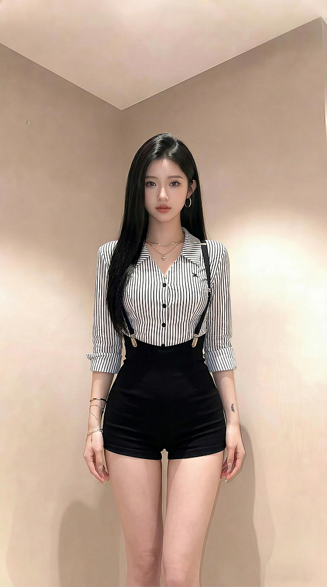 将图一人物的条纹衬衫+黑色背带短裤穿搭换到图二人物身上，仅换穿搭，保留图二人物的发型、五官、背景，给图二人物脖子添加项链，不要拿包包，调整身材比例为模特身材，头肩比自然协调，将衬衫袖子拉上去