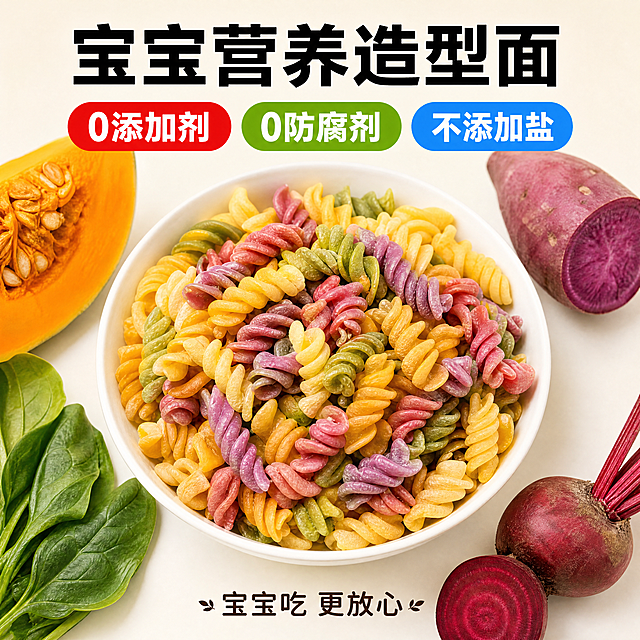 [主图-2] 宝宝面核心健康卖点展示图。
[氛围风格] 干净健康简约风，拼多多直白清晰风格
[画质] 商业摄影质感、光线柔和通透、产品清晰真实、画面干净高级。
[元素] 一碗盛好的多彩螺旋造型宝宝面放在画面中心，周围摆放天然蔬菜原料（南瓜、菠菜、紫薯、红甜菜）作为配料展示，突出天然果蔬调色。保持面条造型颜色和原图一致，产品无变形无调色偏差。商品主体占比约70%，画面干净不拥挤，满屏无边框。
[光影] 明亮柔和自然光，突出面条新鲜质感和原料新鲜度，光影通透干净。
[配色] 米白简约背景，搭配多彩面条和自然蔬菜原色，健康清新配色。
[视角构图] 平视中心构图，主体突出，背景干净，景深适中。
[文字版式] 左上角标题大字 "宝宝营养造型面"，黑色粗体；画面中心用三个醒目的标签横向排列展示核心卖点：左侧红色标签 "0添加剂"，中间绿色标签 "0防腐剂"，右侧蓝色标签 "不添加盐"，标签文字都是白色粗体清晰醒目；底部小字补充 "宝宝吃 更放心"。所有文字不遮挡主体，层级分明，大字突出卖点。
[比例分辨率] 1:1 比例，4k 分辨率，文字清晰可辨，超高清。
[负向提示词] 变形，水印，文字错乱，产品图模糊，背景杂乱，绝对化违禁词语