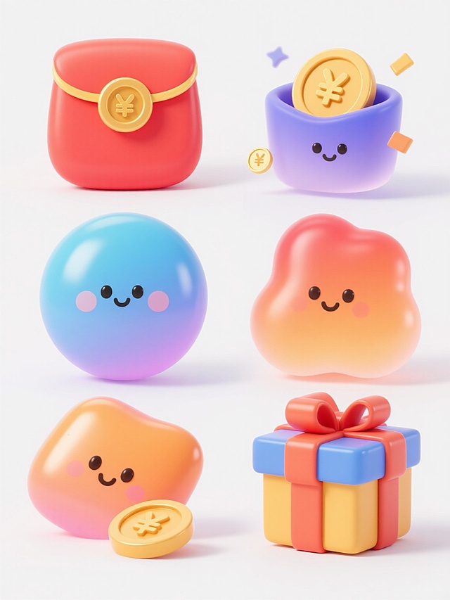 6个不同配色、不同样式的促销主题元素，采用圆润可爱的3D立体风格，每个元素具有光滑的渐变表面和柔和的高光，包含红包、金币、礼物盒等促销相关元素，元素间有细微的动态感，白色背景，所有元素排列整齐，形成和谐的视觉节奏，整体氛围喜庆活泼，色彩鲜艳明快，细节丰富，质感细腻，符合促销活动的视觉吸引力要求。