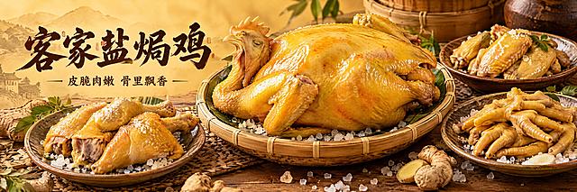 写实美食摄影长横幅海报，画面主体是多道客家盐焗鸡美食，整只盐焗鸡金黄油亮皮脆肉嫩，旁边有盐焗鸡腿、盐鸡翅、盐焗鸡爪，摆放在竹编和粗陶盘中，粗盐粒和沙姜散落点缀，暖黄色调背景，左侧有醒目的书法标题"客家盐焗鸡"，下方小字"皮脆肉嫩 骨里飘香"，专业美食摄影，柔光高清，食欲感强，长横幅构图，无优惠字眼，无地址电话