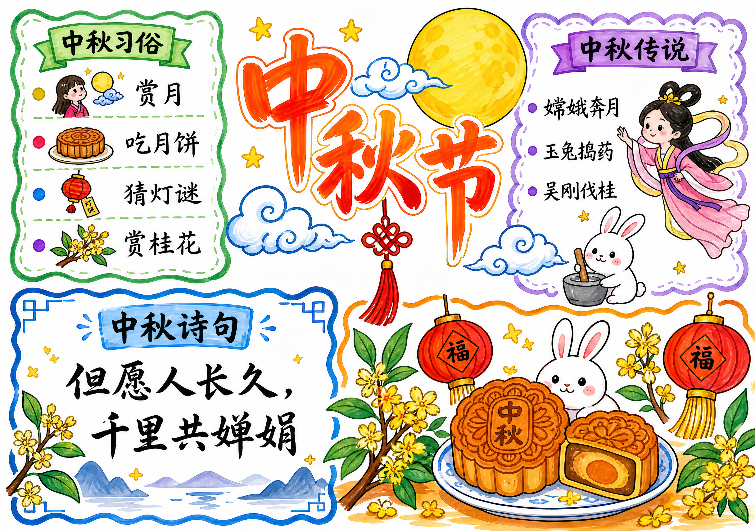 一张中秋节手抄报，马克笔手绘风格，白色底纸，横版A4尺寸297… - 图片创意预览