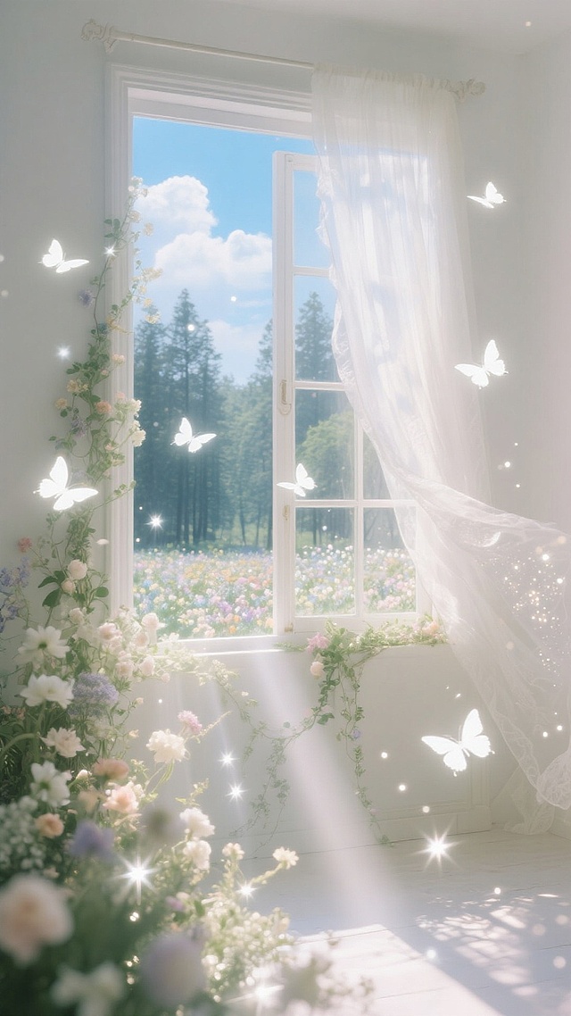 梦幻水彩风插画，柔和弥散光营造浪漫舒适感，窗外花海与室内蝴蝶交织，超现实唯美景象。