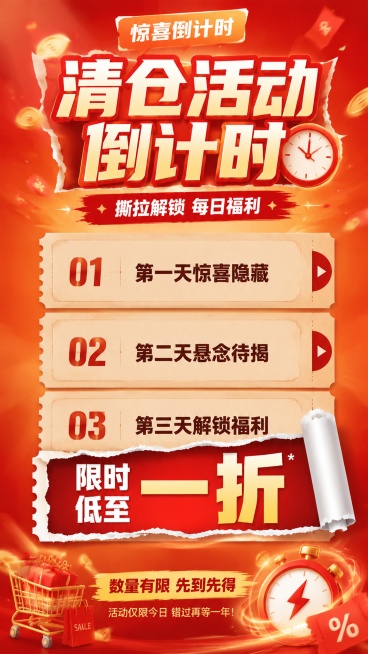 写实商业促销海报，清仓活动倒计时主题。设计三个垂直排列的撕拉条样式福利框，从上到下依次为第一天、第二天、第三天，只有最下方第三个撕拉条处于拉开状态，露出福利文案"限时低至一折"，上方两个保持闭合隐藏状预览效果