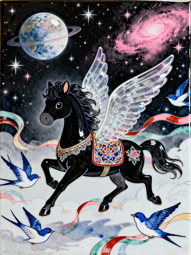 Q 版卡通风格。主体是一匹造型灵动的黑色小飞马（宝相花纹的马鞍，透明翅膀，腾空飞跃，毛发飘逸），几只蓝白相间的燕子围绕着马匹飞舞。穿插流线型彩带（带有动感），背景是深邃星空、漂浮星球与闪烁星光，粉色星云点缀。整体色调以粉红与洋红为主。