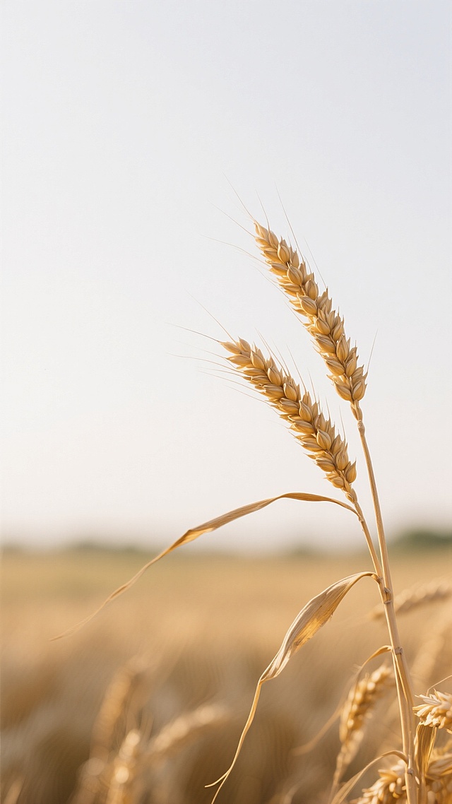 写实摄影风格的田野麦穗自然景观，画面左侧和中央前景为聚焦清晰的成熟麦穗，麦芒纤细锐利，麦粒饱满呈金黄色，麦秆挺拔略带自然弯曲，麦穗在柔和的侧逆光下呈现出温暖的明暗渐变和细腻的纹理质感，背景为大面积纯白色留白占画面50%，营造出简洁、纯净、开阔的视觉效果，整体色调以金黄与白色为主，光影柔和，突出麦穗的自然形态与质感，构图采用三分法，麦穗主体位于画面下方偏左位置，留白区域与麦穗形成鲜明对比，传达出宁静、丰收的氛围。