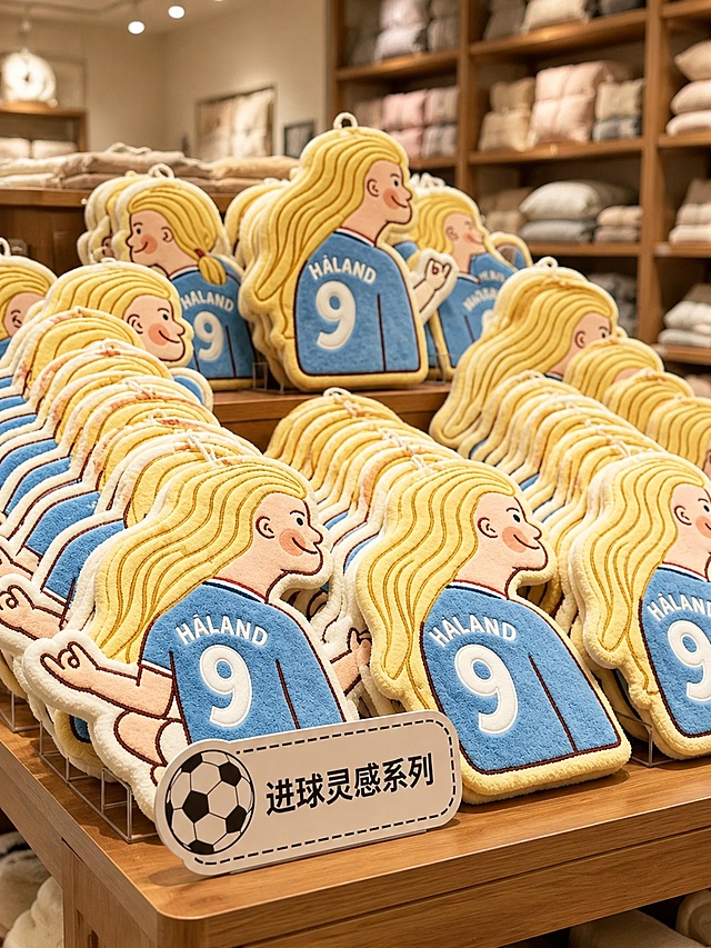 毛绒装饰挂件，严格参照上传产品图https://gdesign-dam-hz.dancf.com/37109045529004093/7646d68869b3433a9368413dcab2537d.png，完整保留所有可见组件、部件、轮廓形状、结构、比例、材质质感、颜色与上传图完全一致，产品本体上的文字全部保留。
室内商场零售门店，暖调自然原木色。
多个相同挂件摆放在木质货架展示台，和参考图商场环境风格一致，摆放陈设相似度80%，柔和暖顶光（还原参考图自然光方向），产品受光面泛起浅木暖黄色、暗部映射浅灰色光晕，与环境物理融合。中景特写居中，微斜侧视角25°。
全量换款清单：①背景木质货架：参考图浅色原木多层货架 → 生成图浅胡桃木多层货架（同实木材质，换木色与纹理）；②背景陈列商品：参考图浅色系家居纺织品 → 生成图浅色系布艺软装，保持商品类型和整体布局不变；③前景展示台：参考图浅色原木展示台 → 生成图浅橡木展示台（同实木材质，换纹理）；④产品标识牌：保留足球和文字设计，微调标签圆角弧度
消除额外水印，保留产品本体文字。4K 分辨率，严格锁定宽高比为 3:4。