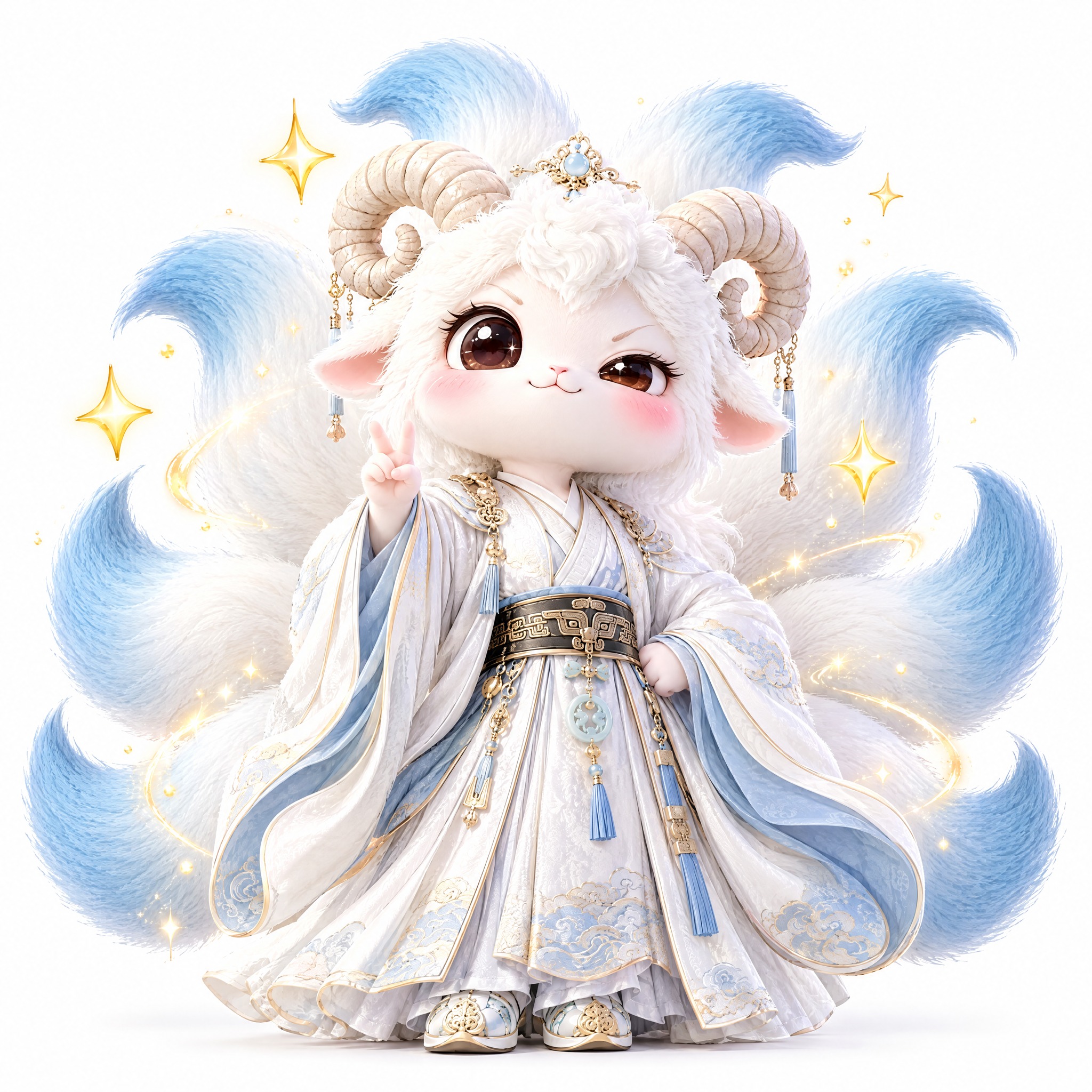 参考图中的白色九尾羊小神兽（羊角、九条蓝白渐变尾巴、白色毛绒质… - 图片创意预览