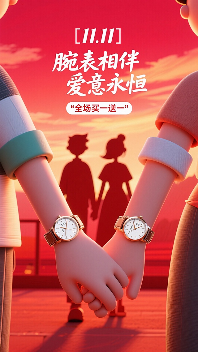 背景是柔和温暖的朱砂红色，如同晚霞。画面采用极简的剪影手法，聚焦于一对情侣的手腕特写，他们正在深情牵手，手腕上佩戴着同系列的对表。手表是画面中唯一有细节和光泽的实体，重点突出。
上面放着小一点的“11.11”logo，大标题“腕表相伴 爱意永恒”采用手写字体或圆润的字体，放置在画面留白处，温柔而直接。副标题“全场买一送一”作为促销信息清晰标注。整个画面情感真挚，不言而喻。