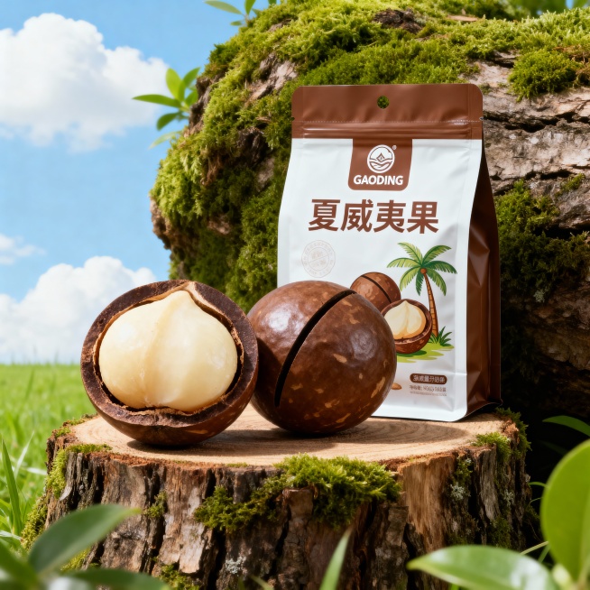 超写实风格，商业产品摄影，主体是两个夏威夷果，其中一颗是剥开的展示出外壳深棕、果仁奶白饱满，夏威夷果右侧后面是棕色与白色为主的夏威夷果包装袋，包装上印有logo‘GAODING’和“夏威夷果”文字和夏预览效果