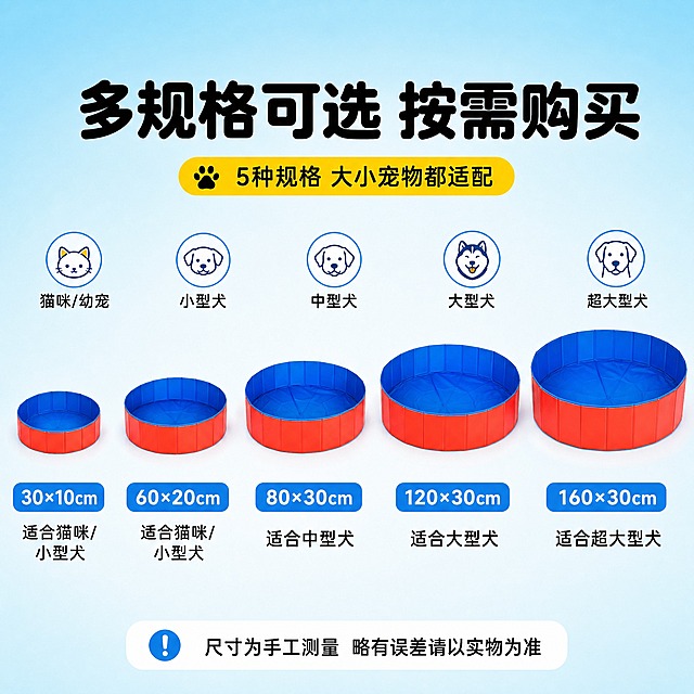 [主图-4] 多规格尺寸图（单独规格展示），主题：5种规格 大小宠物都适配。
[统一基调] 拼多多风格，整体清爽实用，主背景为浅蓝渐变+白色干净台面，辅助色为产品橙红色，强调色为亮黄色促销标签，标题用粗黑圆润大字，辅助文字用清晰黑体，圆角卡片和图标贯穿整套。
[画面] 画面顶部大标题"多规格可选 按需购买"。中间区域横向排列5个不同大小的圆形折叠浴盆示意图（均为外橙红内蓝色，保持产品原色），从左到右依次增大，每个浴盆下方清晰标注规格尺寸：第一个"30×10cm"，第二个"60×20cm"，第三个"80×30cm"，第四个"120×30cm"，第五个"160×30cm"。每个规格下方再配一行小字说明适用宠物，如"适合猫咪/小型犬""适合中型犬""适合大型犬"等。底部加一行提示"尺寸为手工测量 略有误差请以实物为准"。背景为干净的浅蓝渐变白底。
[光影质感] 产品示意图清晰规整，每个浴盆有轻微立体感和阴影，大小比例真实准确，整体干净清爽。
[配色] 主背景浅蓝渐变到白色，产品橙红+蓝色，尺寸数字深灰色粗体，规格标签浅蓝底白字或白底蓝字，整体统一协调。
[文字版式] 标题顶部居中；5个规格等距排列，尺寸数字最大最醒目，适用说明小字在下；整体排版整齐对称。
[输出要求] 1:1正方形，2048x2048，文字清晰可读，尺寸标注准确，产品颜色正确，无错字，无水印，无平台Logo。