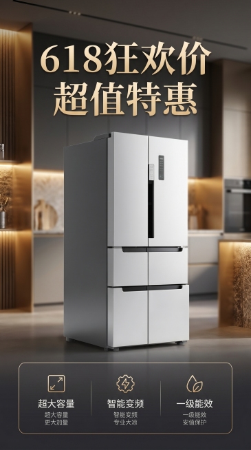 618商业营销海报，包含双开门冰箱商品，精简信息图元素，高质感配色，f/2.8柔和景深，照片写实风格，无畸变预览效果