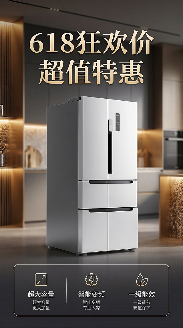 618商业营销海报，包含双开门冰箱商品，精简信息图元素，高质感配色，f/2.8柔和景深，照片写实风格，无畸变