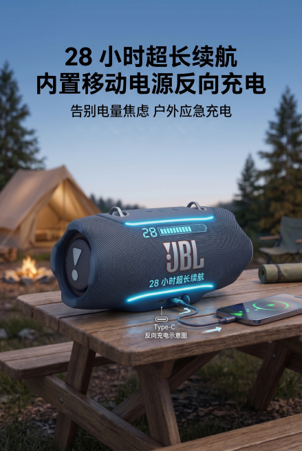 对该JBL战鼓5代续航宣传海报进行扩图，调整为2:3尺寸，保留所有文字和产品内容不变，延续原有户外露营风格，扩展区域保持一致的户外场景背景预览效果