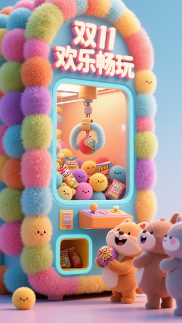 一个巨大的3D毛绒质感娃娃机，内部有一个毛绒材质的抓手正抓取着装满零食的毛绒球球往上提起，娃娃机内部塞满各种彩色毛绒产品球，上方有“双11欢乐畅玩”的毛绒立体文字，机器旁一堆可爱拟人化毛绒小动物排队等预览效果
