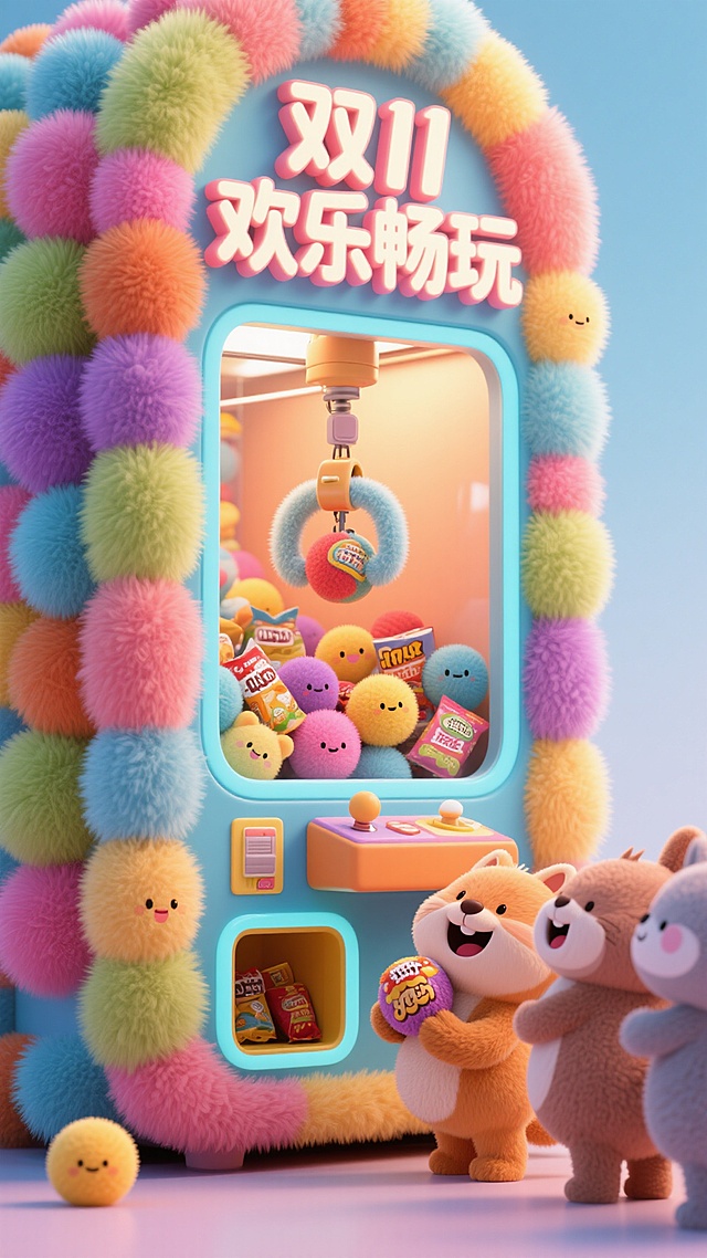 软3D风格抓娃娃机，毛发生长质感搭配萌趣动物，梦幻色彩营造可爱欢乐氛围，双11促销主题，趣味十足。