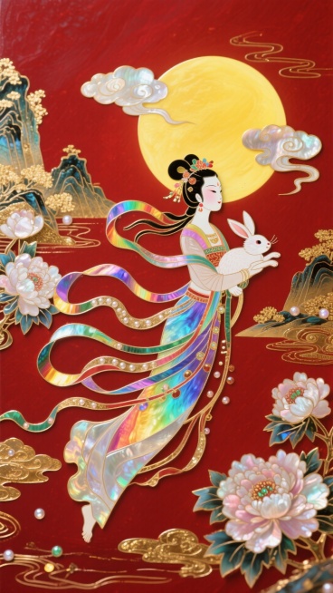 皮影艺术，嫦娥怀抱玉兔奔向一轮圆月，月亮周围散发出黄色晕圈，嫦娥体态妖娆，衣摆飘逸。周围环绕着祥云和盛开的牡丹花朵，背景山水，中国红底色搭配鎏金色点缀，非常规的动态构图,32K分辨率预览效果