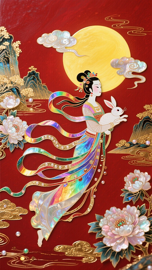 工笔风与国潮风融合，嫦娥怀抱玉兔飞天，彩虹飘带翩跹，鎏金浮雕点缀牡丹与明月，古典优雅中透出梦幻喜庆的中秋意境。