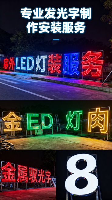 发光字制作宣传图，展示各种户外发光字招牌成品，主题为专业发光字制作安装服务，现代户外广告风格，夜晚发光效果展示，清晰呈现发光字效果预览效果