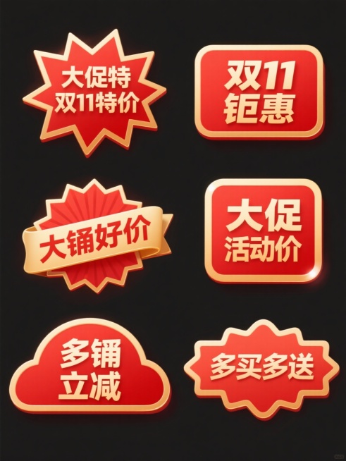 6个规整排布的促销标签素材，每张标签均为规整排布的单一促销标签，标签文案包含大促特价、双11钜惠、大促好价、活动价、大促立减、多买多送基本元素内容，采用纯色背景。整体艺术风格为喜庆促销风格，主色调以红色为主，搭配金色点缀，色彩对比强烈鲜明，具有浓厚的节日促销氛围。光影运用上，标签边缘有轻微的高光和阴影效果，增强立体感。标签形状多样，有不规则的爆炸形、扇形、矩形等，每个标签上都有醒目的促销文字，……预览效果