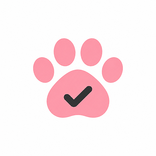 A simple flat logo design for pet product brand, main element is a cute cat paw print with a checkmark inside the paw pad. Color palette: soft pink (#F5A9B8) and dark gray (#333333). Minimal flat modern clean style, suitable for app icon, white background, no text, clean design, vector logo