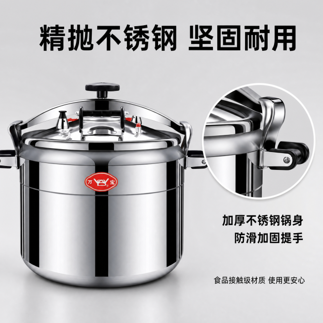[主图-3] 材质细节展示
[氛围风格] 质感真实，突出做工品质
[画质] 商业摄影质感、光线柔和通透、产品清晰真实、画面干净高级
[元素] 特写展示万宝压力锅锅身材质与提手细节。局部放大展示不锈钢抛预览效果