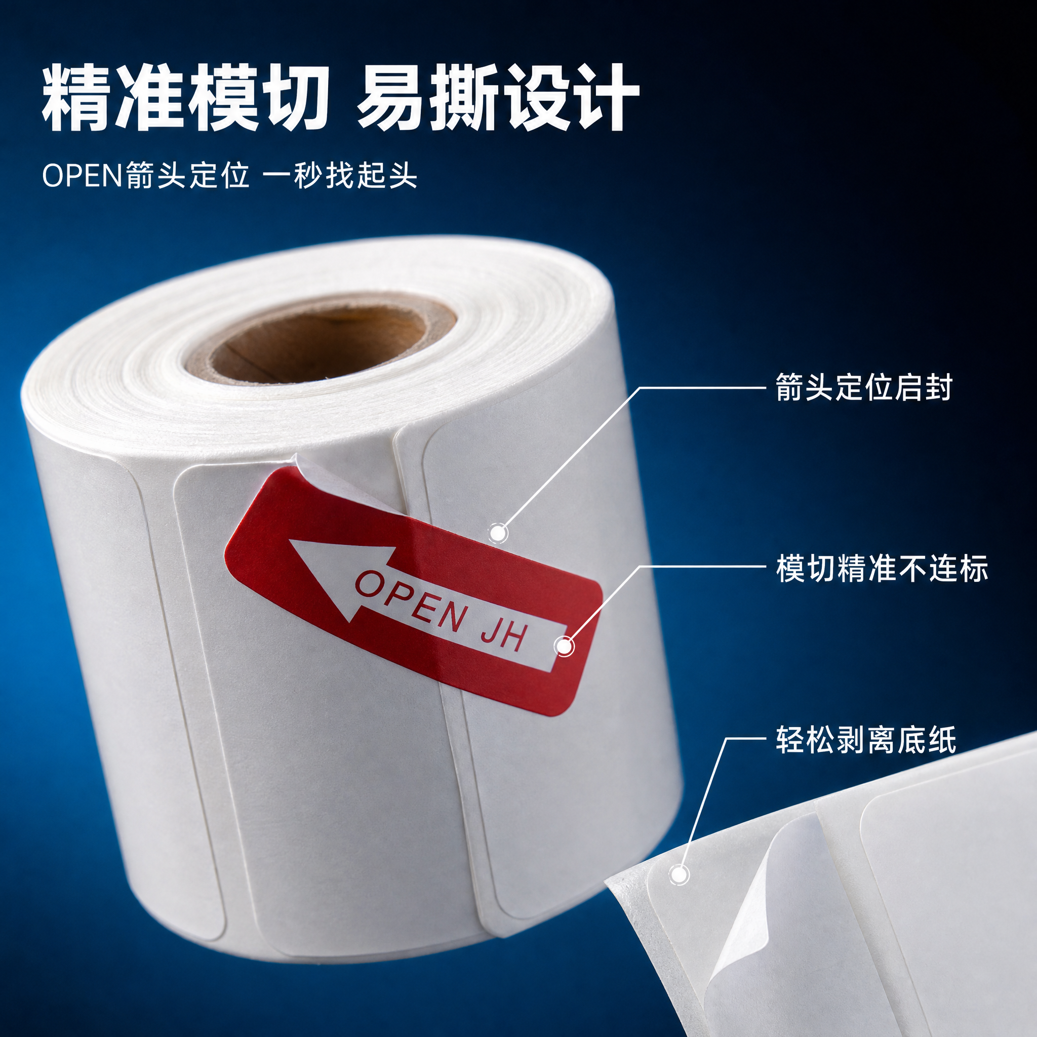 [主图-3] 材质细节品质图，微距展示OPEN易撕口与标签纸做… - 图片创意预览