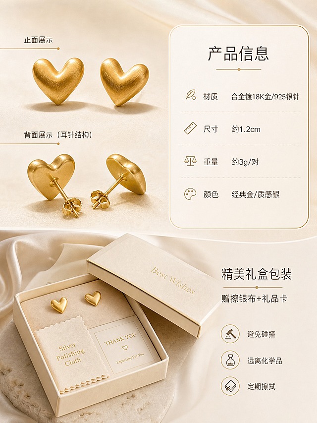[商品] 使用【图1】拉丝爱心耳钉（金色款）；保留立体爱心造型、磨砂拉丝金属质感、金色外观、耳针结构；商品处理：保持耳钉真实造型，金属质感细腻。
[画面] 第6张 规格礼遇（信息卡片+礼盒型），目标产品参数+礼盒展示+保养提示，信任收口。画面左侧为耳钉产品标准照（金色款正面+背面耳针结构），右侧为信息卡区域。下方展示精美礼盒包装，礼盒半开，内有绒布内衬、擦银布和礼品卡。整体构图左图右文+底部礼盒展示，层次分明。主体占画面约50%。背景为奶油米白渐变。
[视觉] 套系策略：风格=高级轻奢珠宝商业摄影；标题字=纤细优雅无衬线体；正文字=简洁无衬线体；主色=奶油米白+香槟金；背景延展=基于奶油米白和香槟金做深浅层级、同色渐变和细腻岩板/丝绸/绒面质感；强调色=香槟金，仅用于小面积引线、装饰线和点缀；标题色=深暖棕；正文色=中暖灰；组件=极细金线、圆角浅底信息卡；光影=均匀柔光，礼盒内部光影柔和，产品清晰。
[文字] 右侧信息卡区域：主标题 "产品信息"，下方参数列表：材质-合金镀18K金/925银针，尺寸-约1.2cm，重量-约3g/对，颜色-经典金/质感银。底部礼盒旁文字 "精美礼盒包装 赠擦银布+礼品卡"。右下角保养提示小图标+短句：避免碰撞、远离化学品、定期擦拭。所有文字横排，纤细无衬线体，深暖棕+中暖灰层级。
[规格] 图片比例3:4竖版，2K分辨率，参数清晰可读，礼盒质感高级，避免变形、错字、文字过小、冷蓝背景、虚假参数。