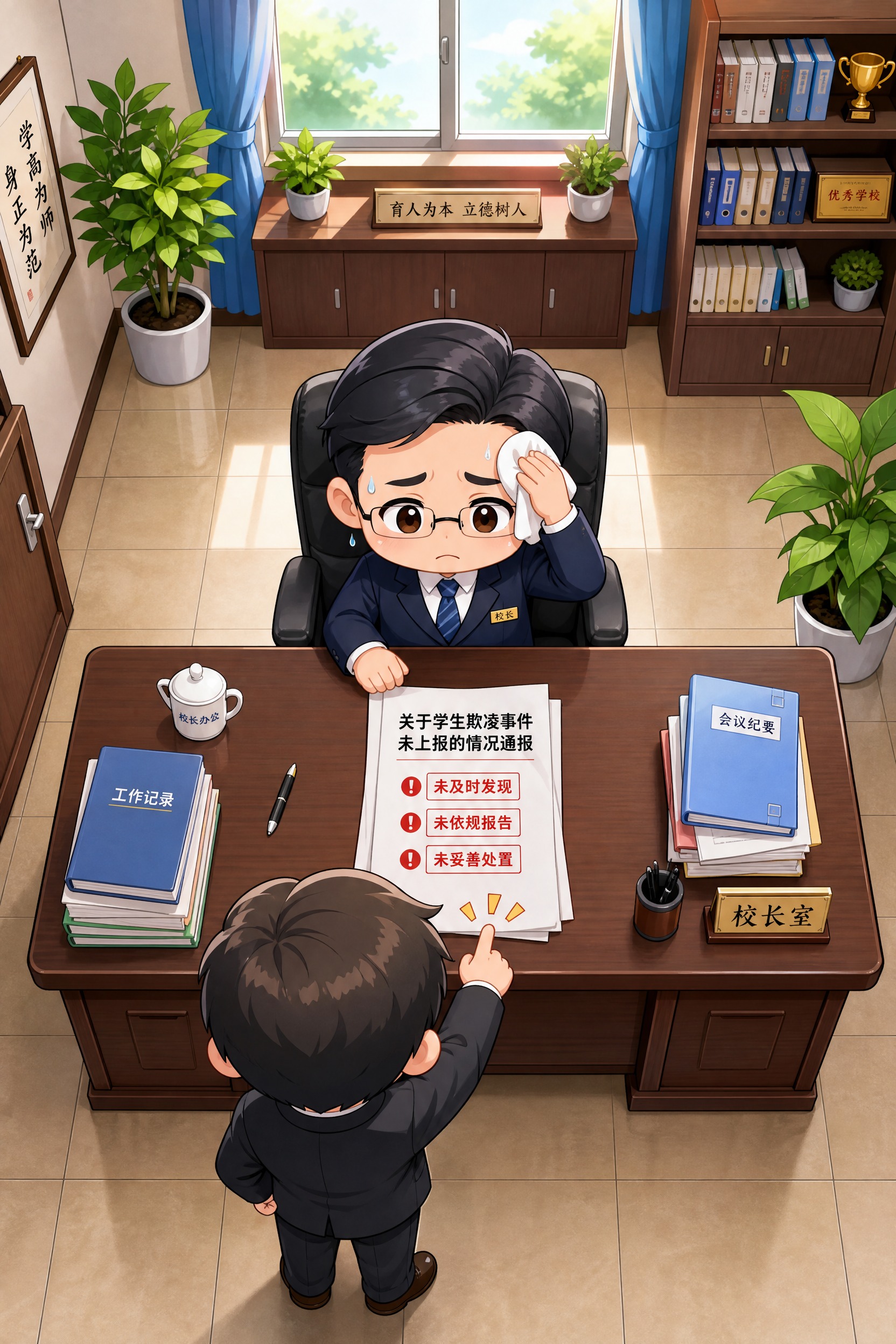 校园教育漫画，俯视角度的校长办公室场景，从天花板向下看。一张大… - 图片创意预览